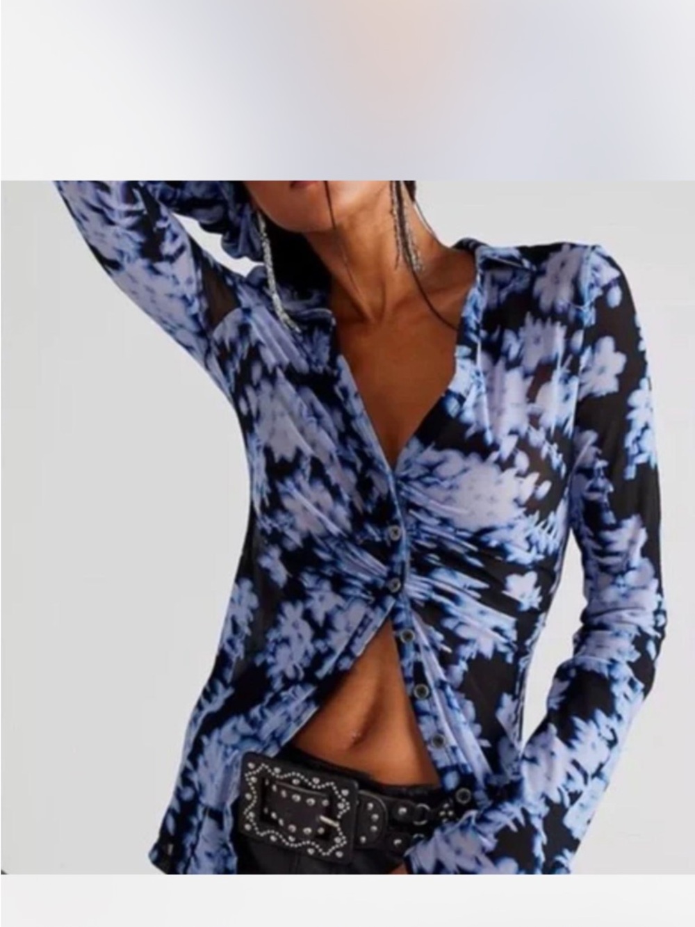 Free People Blue Lucky Shirtee-Tie-Dye Gathered Button-Front Shirt Small